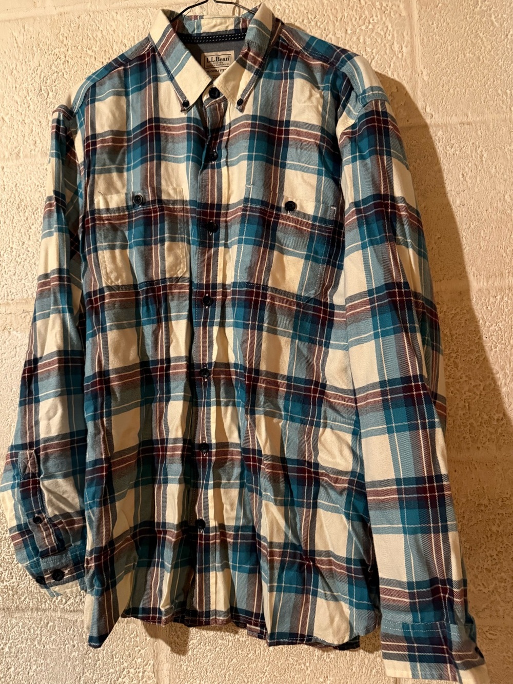 L.L. Bean Teal, Cream & purple flannel Plaid Button-Up Shirt